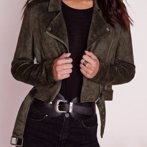 Missguided Faux Suede Biker Jacket - Khaki US 2
